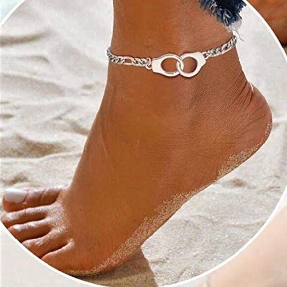 NEW Handcuff Anklet Silver Figaro Chain Handcuff Ankle Bracelet - Picture 3 of 9